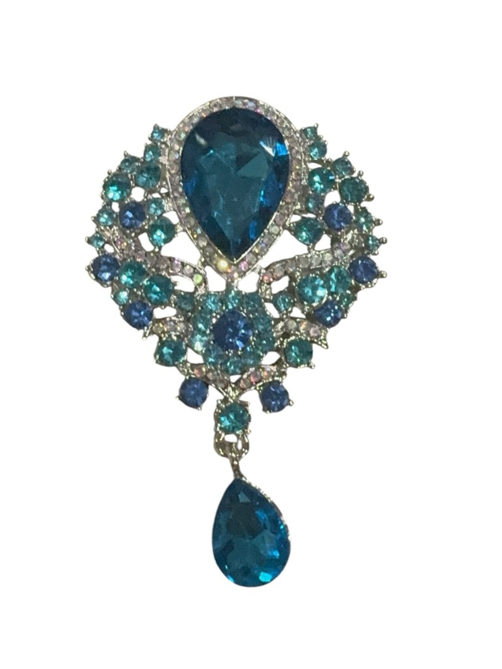 Vintage Blue Rhinestone Statement Brooch Pendant Drop Dangle Teal JB6